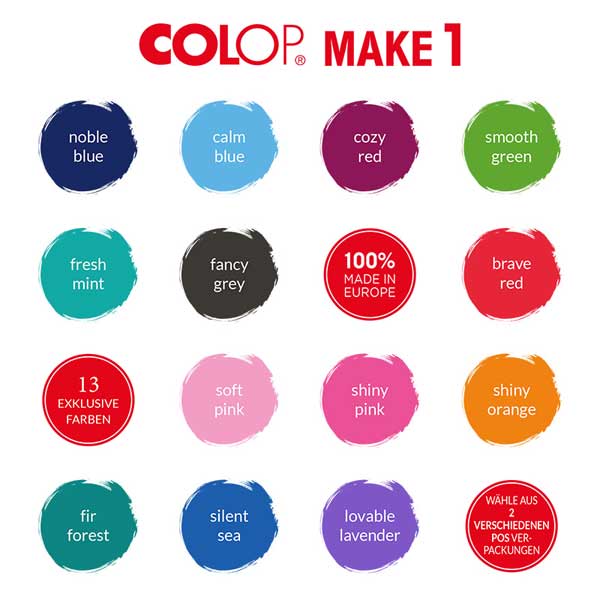 Farbübersicht der 13 verschiedenen Farben des Colop Stempelkissen MAKE1