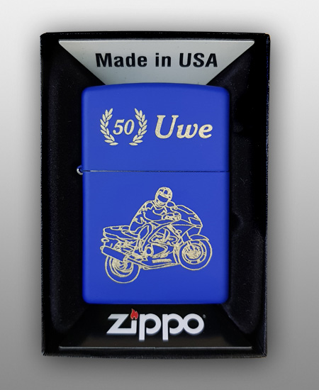 Blaues Zippo mit Motorrad